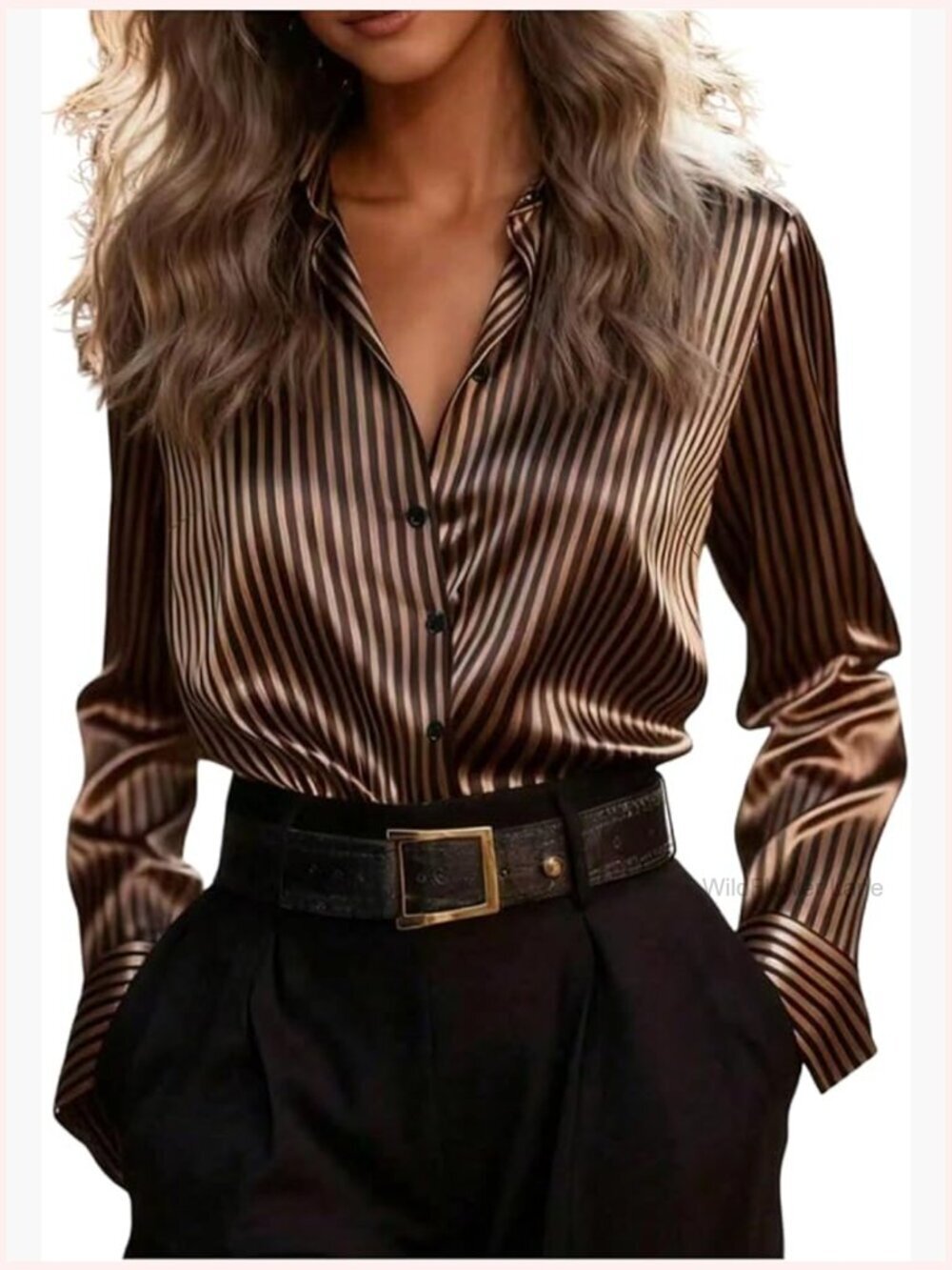 Striped Satin Button Front Blouse Long Sleeve Collared Dressy Work Shirt